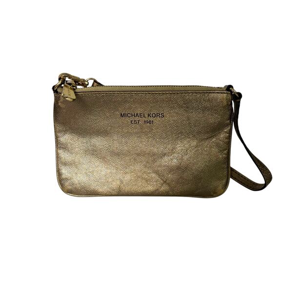 Michael Kors Metallic Wristlet Wallet Gold Leather Medium Card Holder Zip - Picture 12 of 14